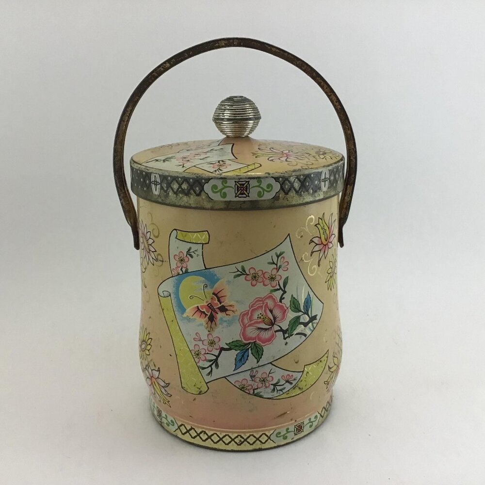 Floral Biscuit Tin With Handle Asian Style Tin Flowers and Butterflies Vintage